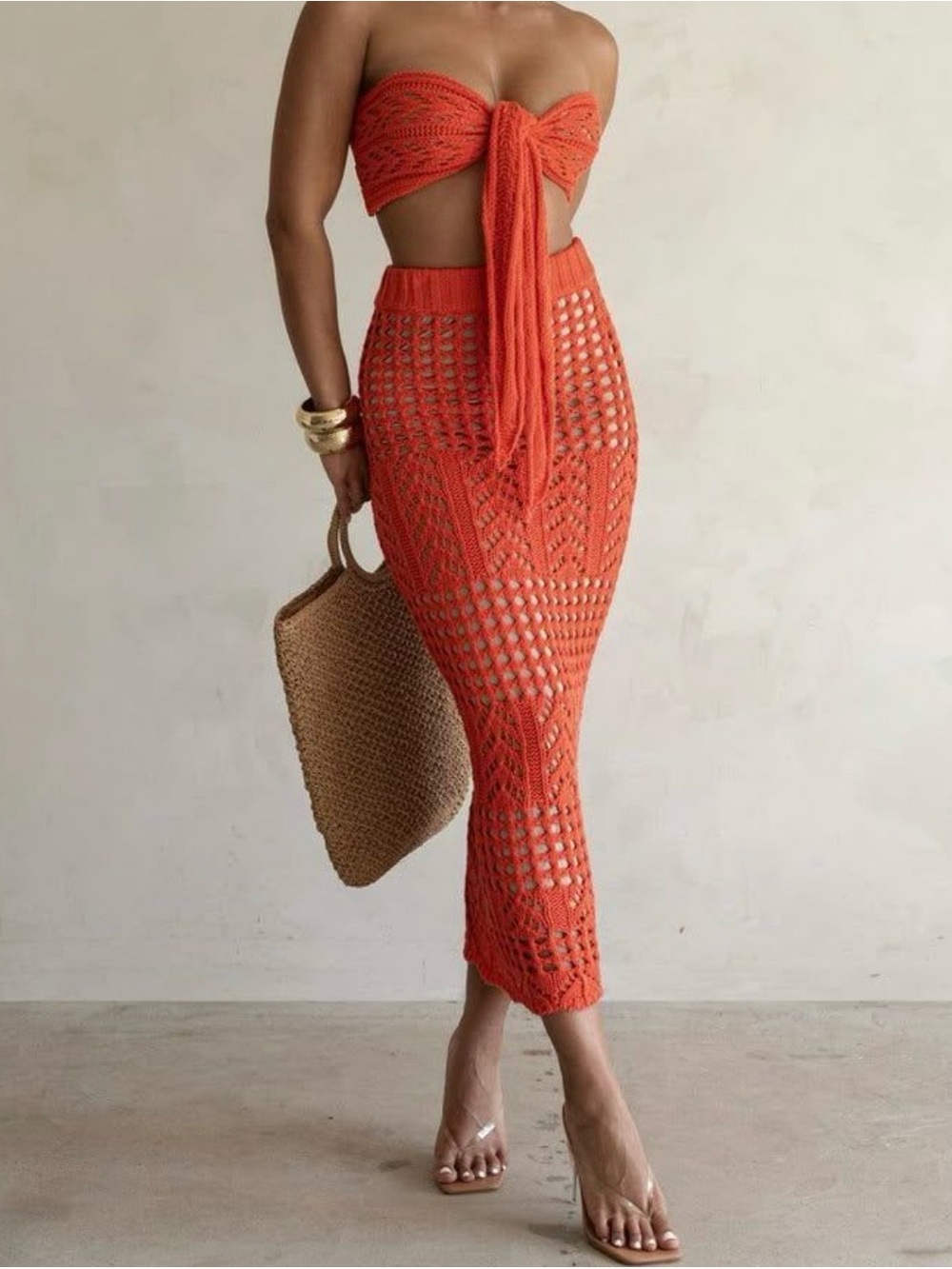 J Lux Label Coral Crochet Open Knit Maxi Skirt Size Large Lined Beach Resort